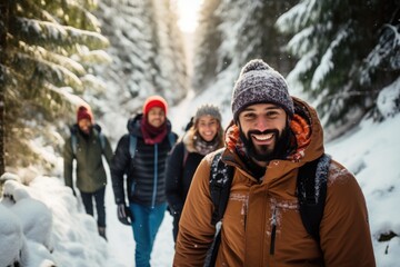 Diverse group of people and friends hiking together in the forests and mountains during winter and snow - Powered by Adobe