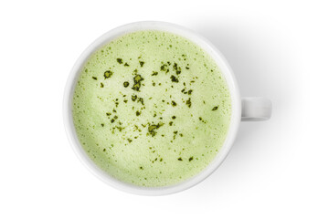Cup of tasty matcha latte isolated on white, top view