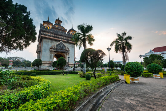 Patuxay Park and war memorial monument at sunset,Vientiane,Laos,Southeast Asia.