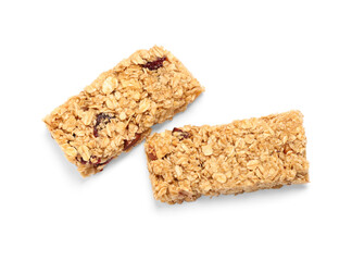 Two tasty granola bars isolated on white, top view