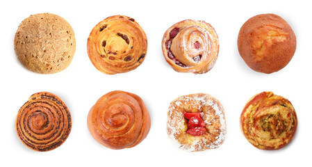 Set with different freshly baked pastries isolated on white, top view