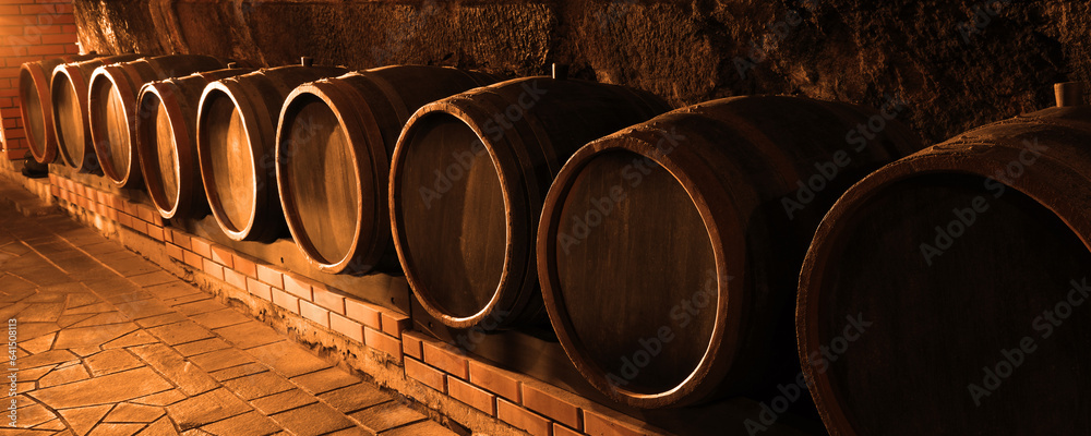 Poster Many wooden barrels in cellar, banner design