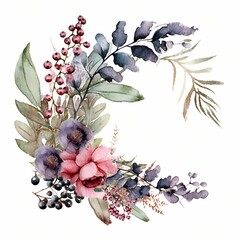 Floral frame with berry and fern in watercolor style
