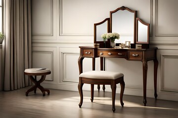 A vintage vanity table adorned with a mirror, makeup brushes, and a velvet stool