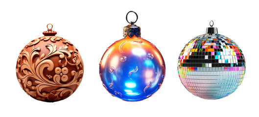 Original Christmas ornament balls with wooden, holographic and disco ball on white transparent background