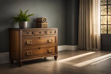 A wooden dresser with elegant, antique-style drawer pulls