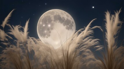 ススキと月、満月、月見｜Silver grass and the moon, full moon, moon viewing. Generative AI - obrazy, fototapety, plakaty