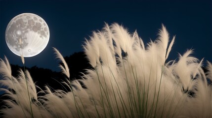 ススキと月、満月、月見｜Silver grass and the moon, full moon, moon viewing. Generative AI