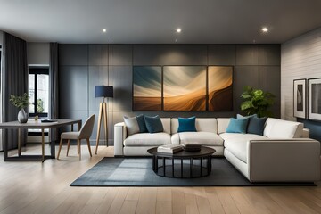 Naklejka na ściany i meble A contemporary living room featuring a sectional sofa, abstract art, and a statement fireplace