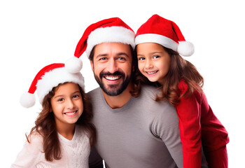 Happy Latin American father with her two little daughters wearing Santa hats. White and transparent background portraits