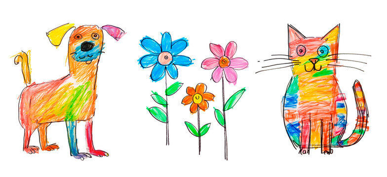 Child crayon drawing set of a dog, flowers and a cat. White and transparent background