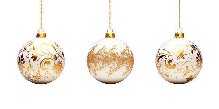 Set of three golden Christmas ornament balls hanging over transparent and white background