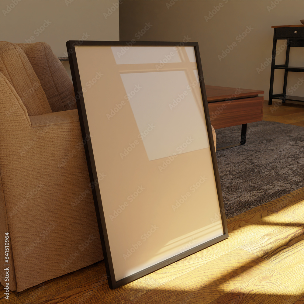 Wall mural simple frame mockup poster template leaning on the sofa lit by sunlight with reflection effect in th