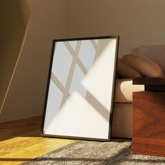 cinematic frame mockup poster template leaning on the sofa lit by sunlight with reflection effect...