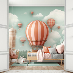 pastel kid room design with hot air balloon