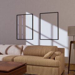 set of two frame mockup poster template hanging on the white wall in the living room