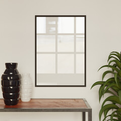 frame mockup poster template hanging on the wall with black and white vase as decoration
