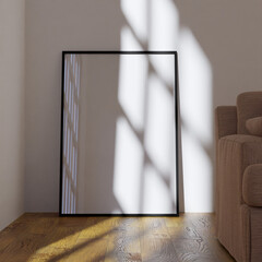 aesthetic shot of frame mockup poster template on the floor behind the sofa in the living room lit by sunlight