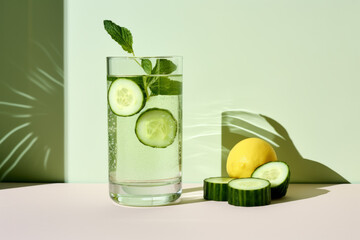 Detox water with lemon and cucumber. Healthy eating, dieting, detox background, with copy space