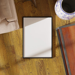 simple aesthetic frame mockup poster laying on the wooden floor with some decoration