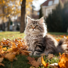 Beautiful gray kitten walking through the grass curiously. Autumn field with cute kitten walking in the daylight. Closeup of a gray cat.