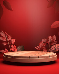 Podium product display stand with nature leaves. 3D rendering