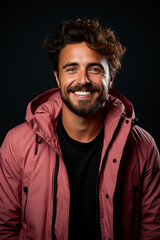 Fototapeta premium Young handsome bearded man posing during a photoshoot wearing a pink jacket and black shirt looking into the camera and smiling