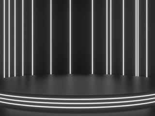 3D black geometric podium with white neon lights. Sci-Fi mock up.