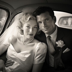 1950s bride and groom in the backseat of a car