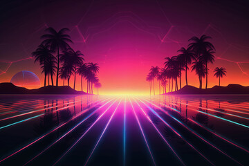 Abstract geometric pool party background with colorful neon lines. Summer light music show scene