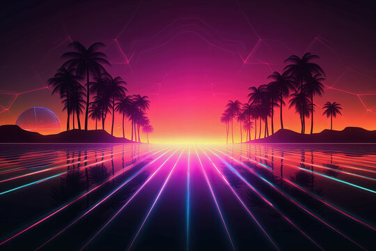 Abstract geometric pool party background with colorful neon lines. Summer light music show scene - Powered by Adobe