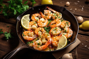 On a rustic wooden table, a pan sizzles with Garlic Shrimp Scampi boasting a golden brown crust, complemented by parsley and lemon wedges