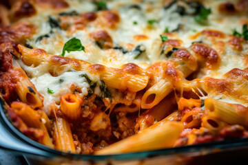 A delicious homemade baked ziti with ricotta and spinach layers, topped with gooey mozzarella cheese, capturing the savory essence of Italian cuisine
