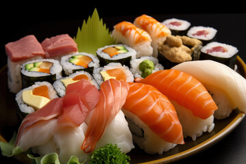 A close-up of a stunning sushi platter showcasing diverse rolls, nigiri, and sashimi, revealing the creativity and variety of Japanese cuisine