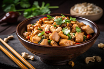 A close-up of Kung Pao Chicken in a Chinese bowl, garnished with cilantro and surrounded by chopsticks, captures the essence of traditional cuisine