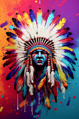 Watercolored painting of Indian chief in vibrant colors