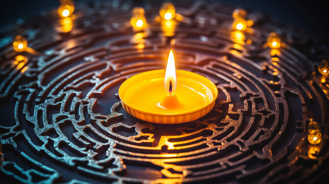 Lit Candle in Mystical Labyrinth as Spiritual Energy Portal