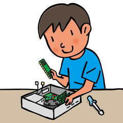 パソコンを組み立る子供