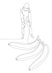 One continuous line of Man pointing with finger at banana. Thin Line Illustration vector concept. Contour Drawing Creative ideas.