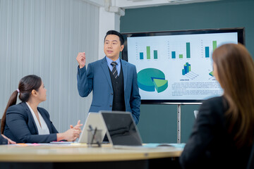 Office Conference Business Meeting Presentation: asian Business people group meeting Talks, Uses Wall TV to Show Company Growth with Big Data Analysis, Graphs, Charts, Infographics, e-Commerce Startup