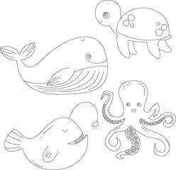 outline aquatic animals clipart bundle in cartoon style. includes 4 aquatic animals for kids and children