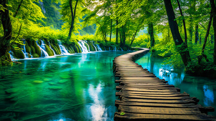 a wooden bridge over a river surrounded by trees - obrazy, fototapety, plakaty