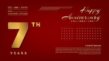 Vector template with golden pattern number style isolated on red background, modern and luxury template design for 7th anniversary celebration event