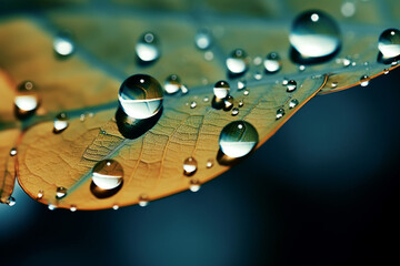 Photorealistic ai artwork water drops on a leaf. Generative ai.