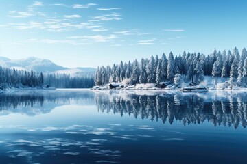 A picturesque wallpaper featuring a serene lake view surrounded by a snow-covered forest under a clear blue sky. Photorealistic illustration, Generative AI