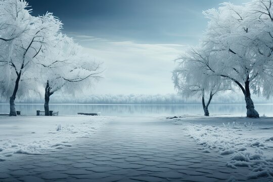 A serene background image for creative content, showcasing a tranquil lake seen from a snow-covered park, with trees lining the scene. Photorealistic illustration, Generative AI