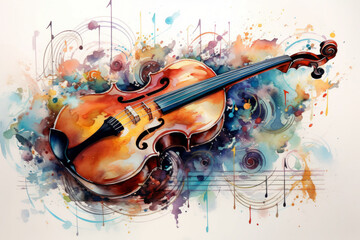 Watercolor style ai artwork of colorful abstract music background with violin and musical notes.