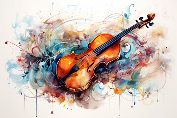 Fototapeta na wymiar Watercolor style ai artwork of colorful abstract music background with violin and musical notes.