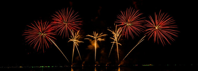 Beautiful fireworks, International Firework Festival in Pattaya, Thailand. Nov 25-26, 2022. on isolated black background.