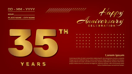 Vector template with golden pattern number style isolated on red background, modern and luxury template design for 35th anniversary celebration event